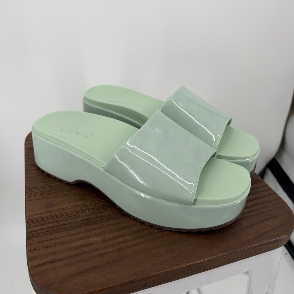 Vionic Trista Platform Slide Sandals Mint Green Menta Patent 11 Arch Support